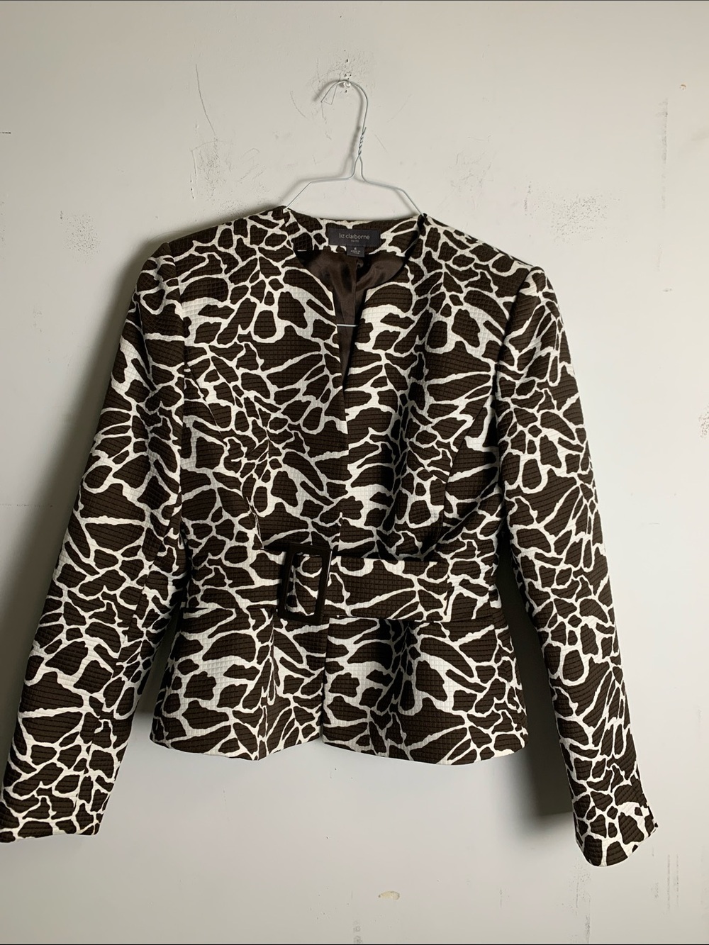 Liz Claiborne Brown and White Printed Peplum Blazer